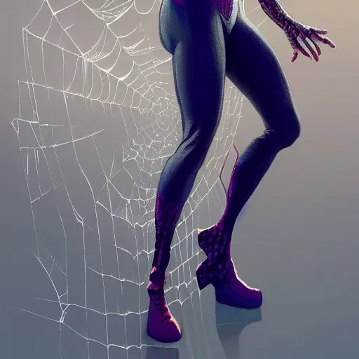 Image similar to full body portrait of white haired woman in spider man suit, super hero, webs, highly detailed!! digital painting, artstation, concept art smooth, sharp focus, greg rutkowski, artey freytag