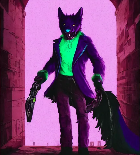 Image similar to ( with a glowing rainbow tail ) a purple wolfbat fursona ( from the furry fandom ) wearing an eyepatch, he is travelling through a shadowy city, an affable devil among demons, neo - noir tone of max payne, style of purple rain album cover ( by prince ), dark colors