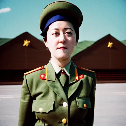 Image similar to Tracey Thorn as a North Korean officer, full body shot, 35mm film