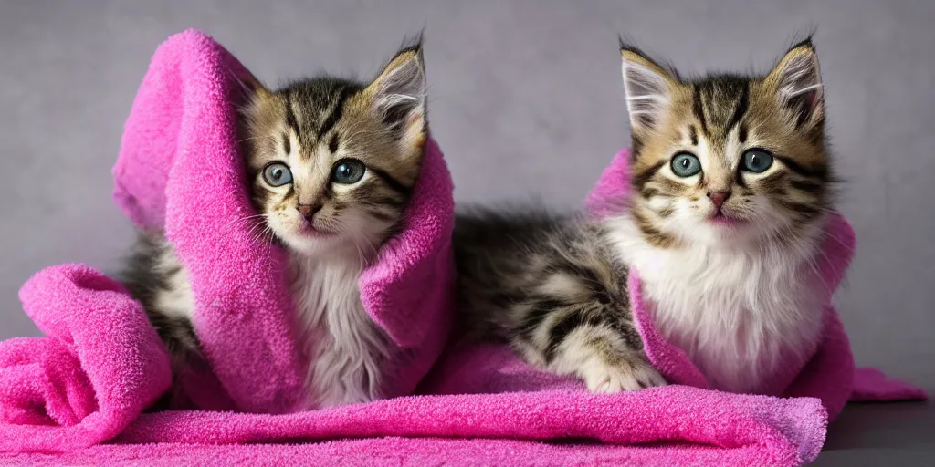 Image similar to oil painting of a fluffy tabby kitten wrapped in a pink towel, product photography of a shower curtain, product lighting. 4 k, highly detailed. saturated.