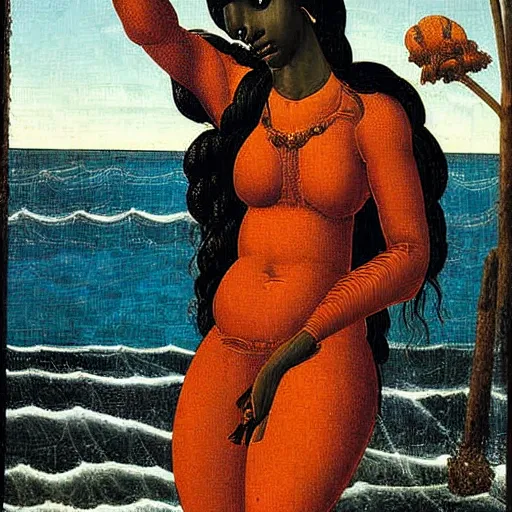 Prompt: Botticelli Black African goddess rising from the sea