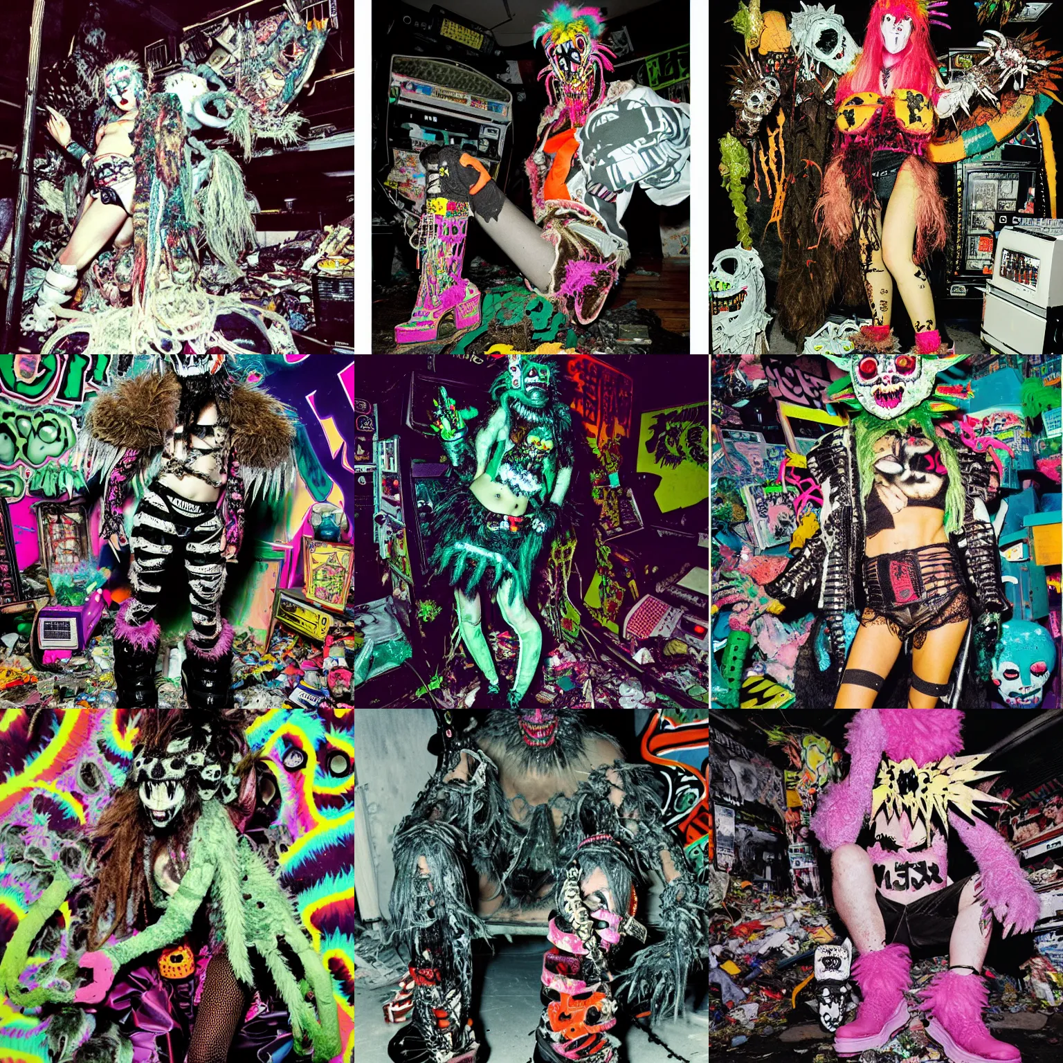 Prompt: photo of lace monster wearing ripped up dirty Swear kiss monster teeth yeti platform boots in the style of Rammellzee Garbage Gods in the style of 1990's FRUiTS magazine 20471120 in japan in a dirty dark dark dark poorly lit arcade full of trash and garbage server racks and cables everywhere in the style of Juergen Teller in the style of Shoichi Aoki, japanese street fashion, KEROUAC magazine, Walter Van Beirendonck W&LT 1990's, Vivienne Westwood, y2K aesthetic