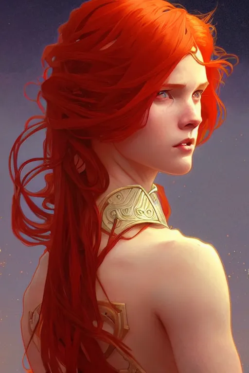 Image similar to a beautiful redhead warrior girl, fantasy, portrait, sharp focus, intricate, elegant, digital painting, artstation, matte, highly detailed, concept art, illustration, ambient lighting, art by ilya kuvshinov, artgerm, alphonse mucha, and greg rutkowski