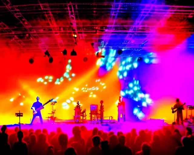 Prompt: singer songwriter on stage, band playing, giant led screens, intricate colors, glowing - thin - wires, glowing - instruments, smoke, dust, ultrafine detail, ornate, associated press photo, band playing instruments, smoke, colorful detailed projections, volumetric