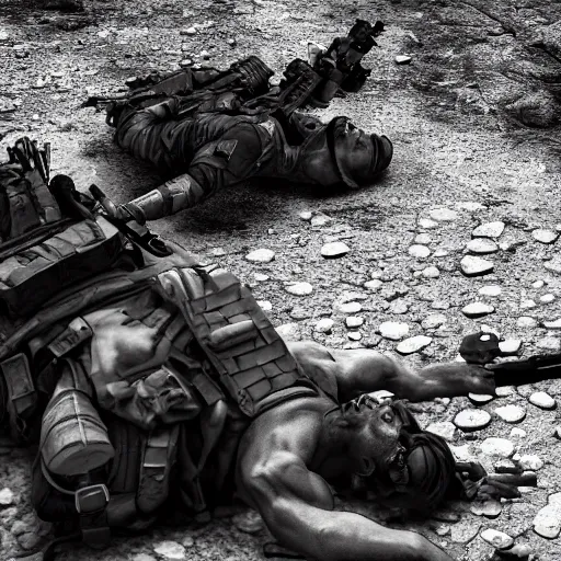 Prompt: Dying Mercenary Special Forces soldier in grey uniform with black armored vest crawling to shelter on a Greek Island 2020, combat photography by Feng Zhu, highly detailed, excellent composition, cinematic concept art, dramatic lighting, trending on ArtStation
