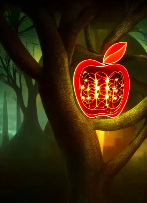 Image similar to intricate mechanical translucent apple with visible gears inside, growing off a tree, on the background of a weird magical mechanical forest. Very detailed 8k. Fantasy cyberpunk horror. Sharp. Cinematic post-processing