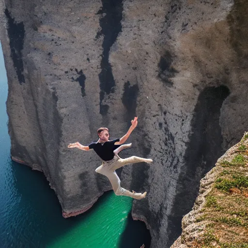 Image similar to Emmanuel Macron jumping of Normandy cliffs, 50mm photography, high quality, 4K