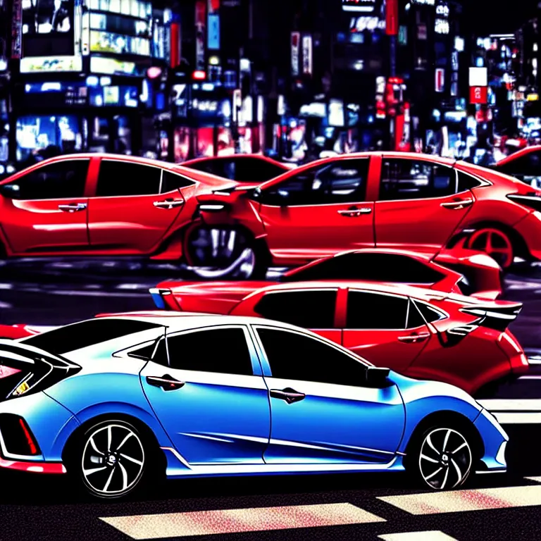 Prompt: a car Honda Civic turbo illegal meeting, detailed-wheels, Shibuya Shibuya, cinematic color, photorealistic, highly detailed, night photography