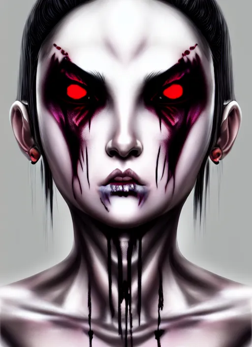 Image similar to soft lustrous ebony geisha seductive raver yakuza gothic cyborg gutter punk, urban decay, horrorcore, underworld, dark fantasy, dark art, highly detailed, digital painting, octane render, artstation, concept art, smooth, sharp focus, illustration, art by artgerm, loish, wlop