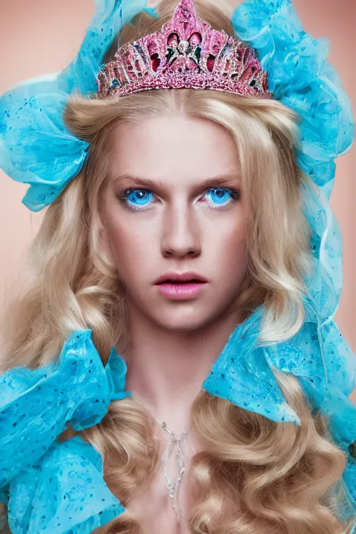 Prompt: a princess with long blonde hair and light blue eyes wearing a strapless elaborately beaded pink dress, high resolution film still, 8k, HDR color, film by Simon Langton and David Frankel, triangular face, very light freckles, round narrow chin, straight jawline, natural lips, high cheekbones, beautiful gazing eyes