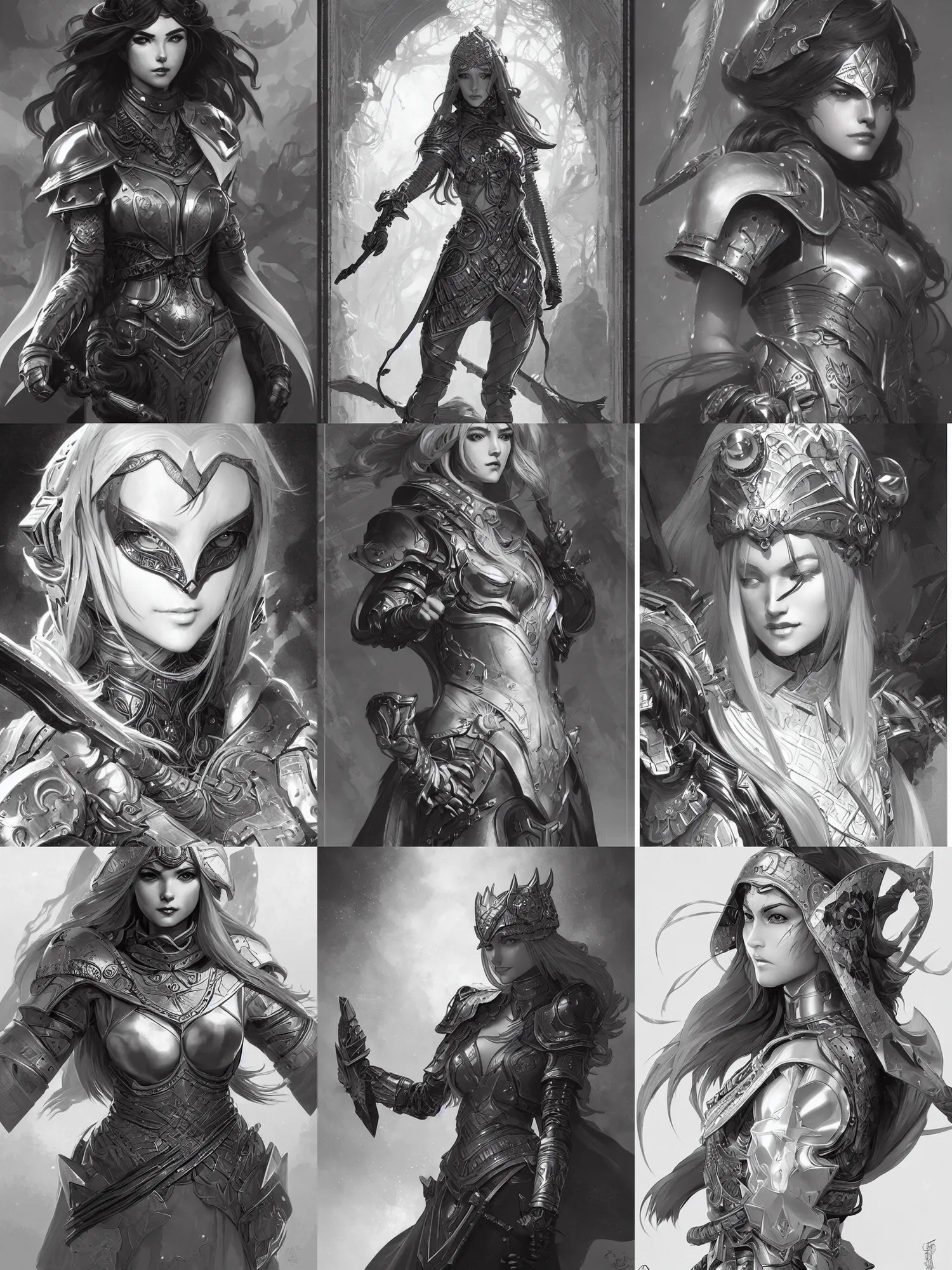 Prompt: retrofuturistic sorceress, plate armor, dnd, highly detailed, detailed face, grayscale, manga illustration, by artgerm, greg rutkowski, alphonse mucha