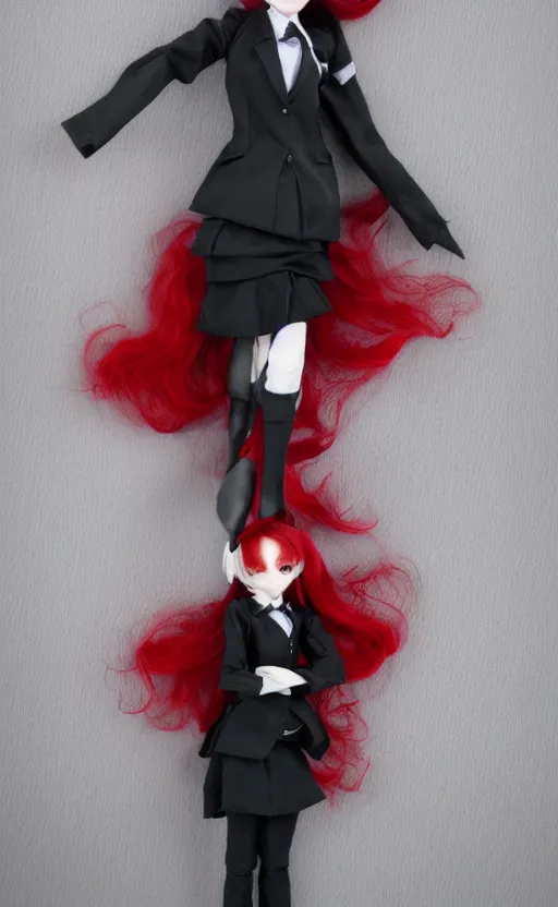Image similar to dollfie in black office suit with skirt, red hair, blue eyes, fractal flame