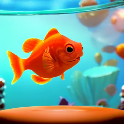 Image similar to a cinematic fill still from a 2021 Pixar movie where an anthropomorphic goldfish lives in a giant fishbowl mansion, in the style of Pixar, shallow depth of focus