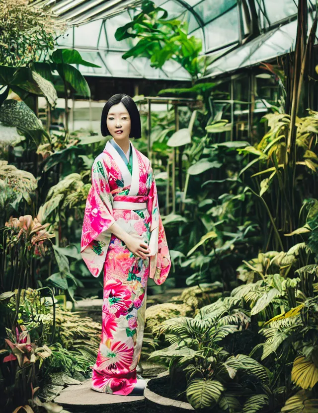 Prompt: photograph of a beautiful Japanese woman wearing a pretty kimono in a tropical greenhouse, by Annie Leibowiz, by Alessio Albi, extremely detailed, large format camera, Kodak Portra 400, 16K, bokeh, blurred background, photorealistic, flickr, getty, instagram