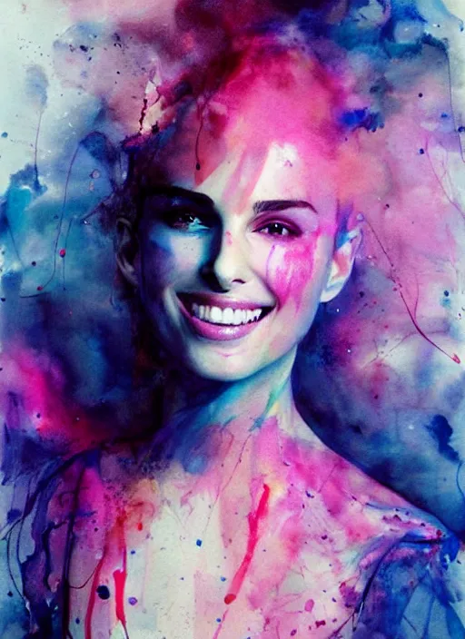 Prompt: sexy smile nathalie portman by agnes cecile, very luminous design, pastel colours, ink drips, autumn lights