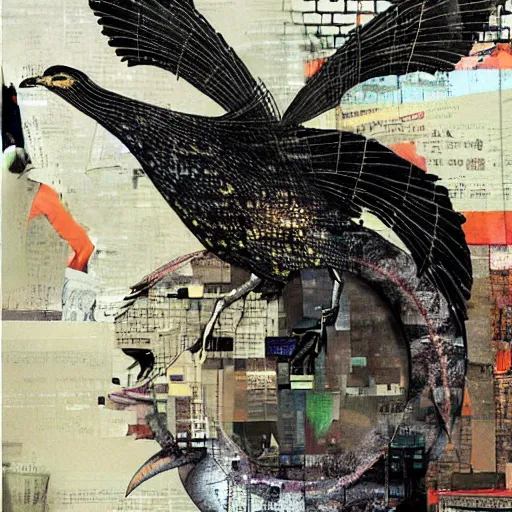 Prompt: a mechanical bird wanders between the cybernetic realms of urban science and social science, collage artwork by dave mckean and ivan shishkin and yoshitaka amano