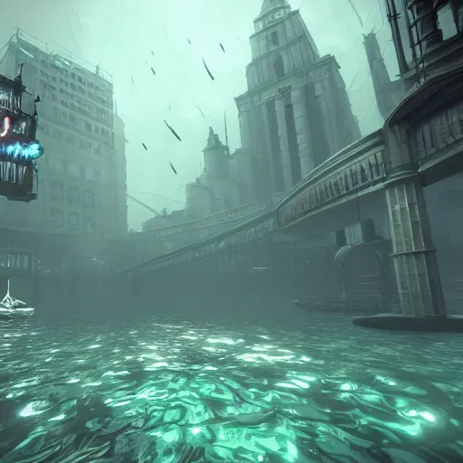 Image similar to rapture bioshock, city at sea floor, water, submerged, seaweed, fish, realistic, detailed, underwater, dark