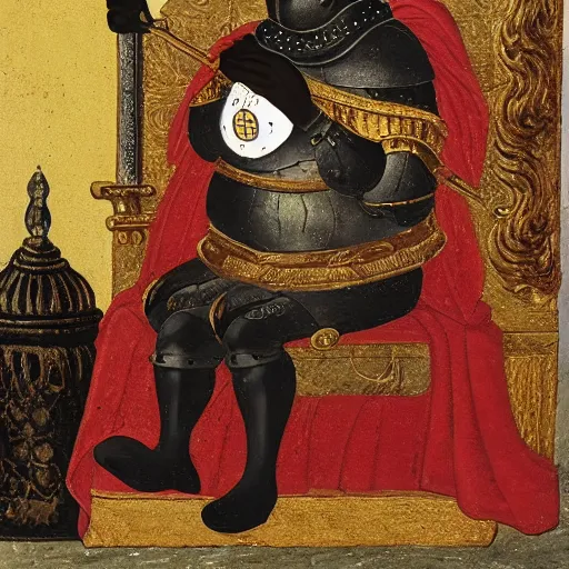 Image similar to Peter Griffin wearing black medieval armor and sitting on a golden throne, oil on canvas, 1880,