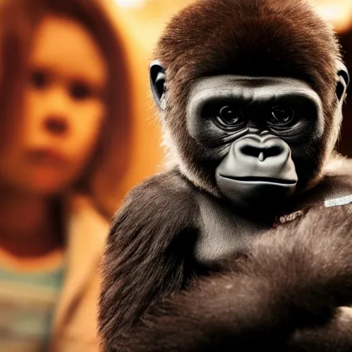 Image similar to stunning awe inspiring a gorilla holding chucky the killer doll movie still 8 k hdr atmospheric lighting