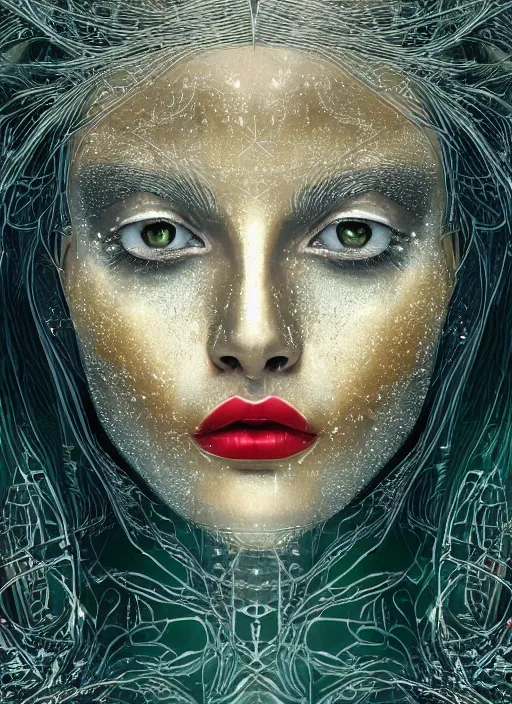 Prompt: glowing silver and golden elements, full close-up portrait, vector dark witch from unsplash, book cover, green forest, white moon, red lips, establishing shot, extremly high detail, photo-realistic, cinematic lighting, pen and ink, intricate line drawings, by Yoshitaka Amano, Ruan Jia, Kentaro Miura, Artgerm, post processed, concept art, artstation, matte painting, style by eddie mendoza, raphael lacoste, alex ross