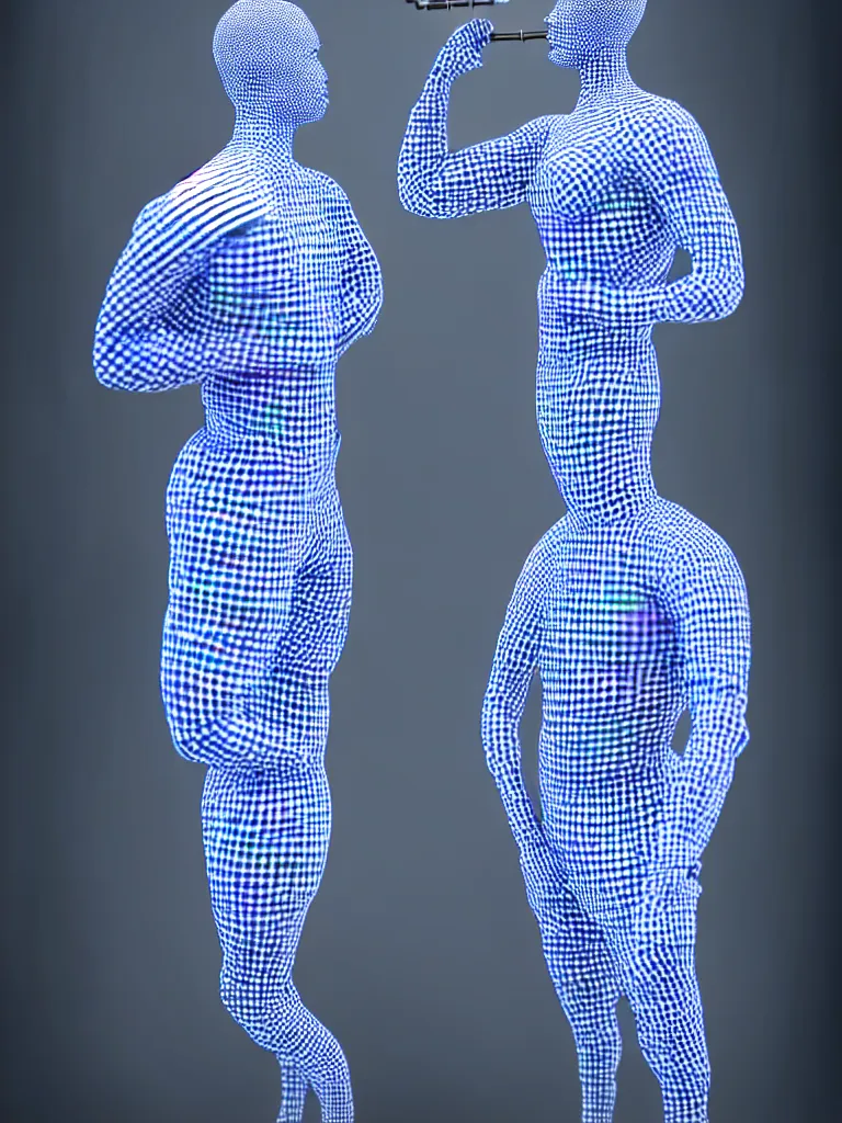 Prompt: a fine art photograph formal self sculpture by the artist kelbv, in realistic style with tubes neatly navigating the contours of his body, and disjoint body pumped full with blue and white gingham ellipsoids, perfect studio lighting.