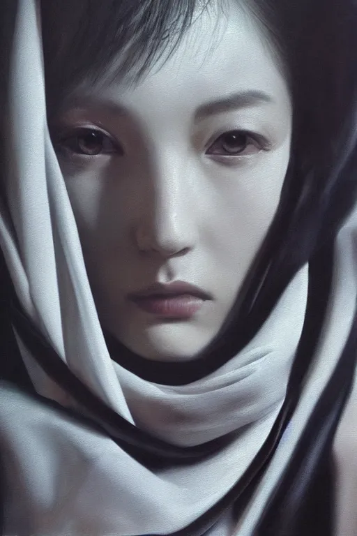 Prompt: hyperrealism oil painting, complete darkness, soft light, close - up portrait, fashion model, start scarf, in style of classicism mixed with 8 0 s japanese sci - fi books art