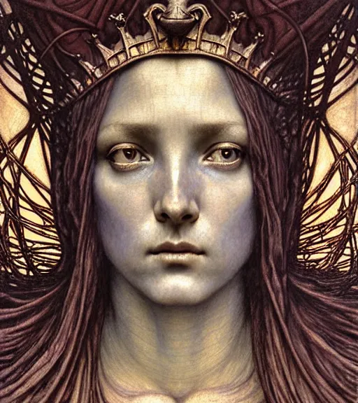 Image similar to detailed realistic beautiful young medieval queen of mars face portrait by jean delville, gustave dore and marco mazzoni, art nouveau, symbolist, visionary, gothic, pre - raphaelite. horizontal symmetry by zdzisław beksinski, iris van herpen, raymond swanland and alphonse mucha. highly detailed, hyper - real, beautiful