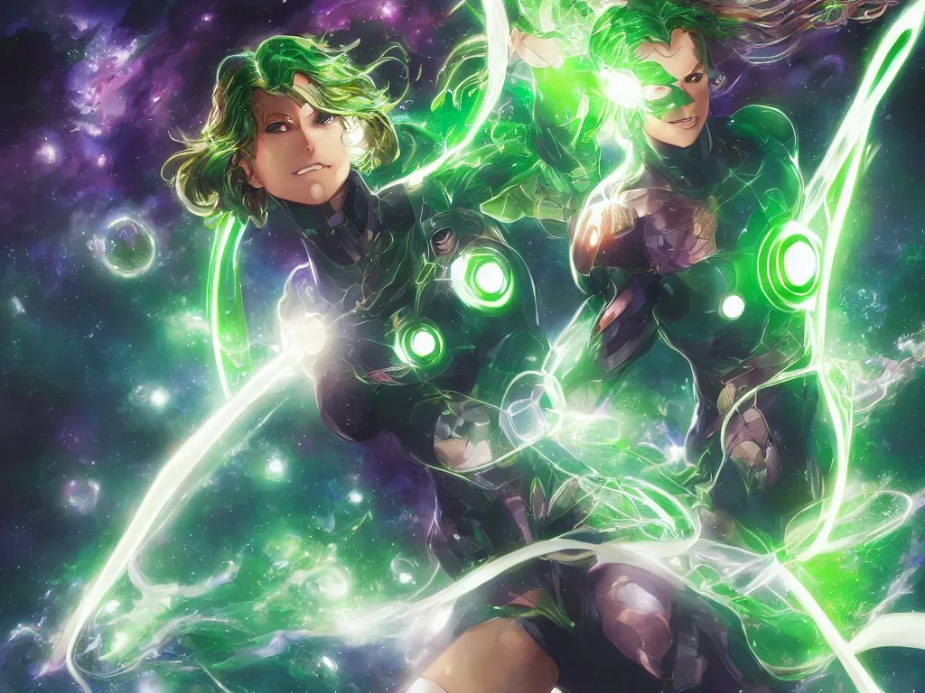 Image similar to anime key visual of one beautiful female green lantern, dc comics, power, hope, glowing, intricate, in space, stunning, highly detailed, digital painting, artstation, smooth, hard focus, illustration, art by artgerm and greg rutkowski and alphonse mucha