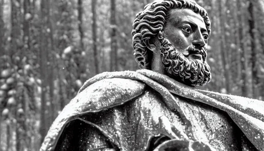 Prompt: 1 9 6 0 s movie still close up of marcus aurelius in gold emperor clothes frozen to death by the side of a river, grass, snowy, pine forests, cinestill 8 0 0 t 3 5 mm b & w, high quality, heavy grain, high detail, texture, dramatic light, anamorphic, hyperrealistic, detailed hair, foggy