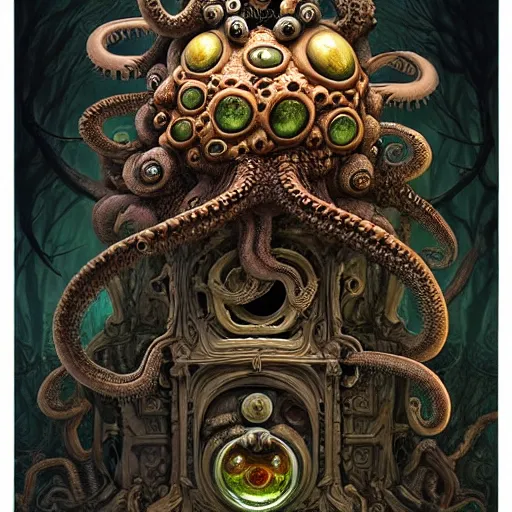 Image similar to biomechanical creature with big octopus head and (glowing) eyes guarding an ancient chest in a mystic forest, gothic and baroque, brutalist architecture, ultradetailed, Intricate by Ellen Jewett and Josan Gonzalez and Giuseppe Arcimboldo