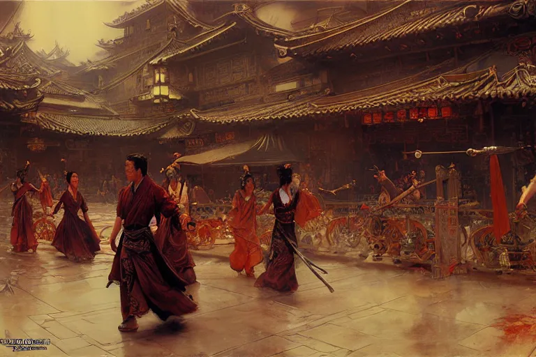 Image similar to wuxia, steampunk city, painting by gaston bussiere, craig mullins, j. c. leyendecker