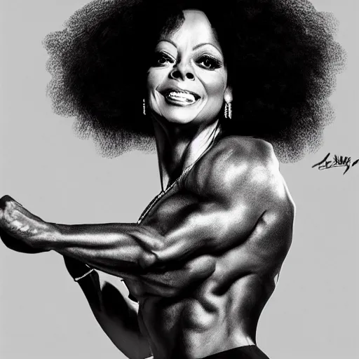 Image similar to Diana ross with the physique of a body builder, hyper realistic, ultra detailed, cinematic, dynamic lighting, photorealistic, refined, intricate, digital art, digital painting, masterpiece, 8k