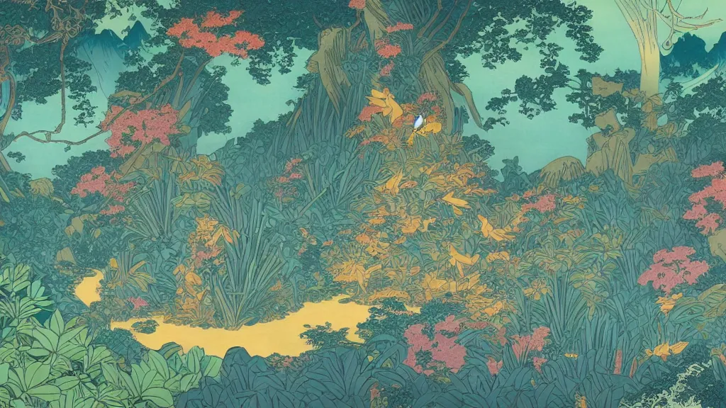 Prompt: a glowing magical jungle in the style of hokusai, firefly, fantasy, nature, pastel, digital art.