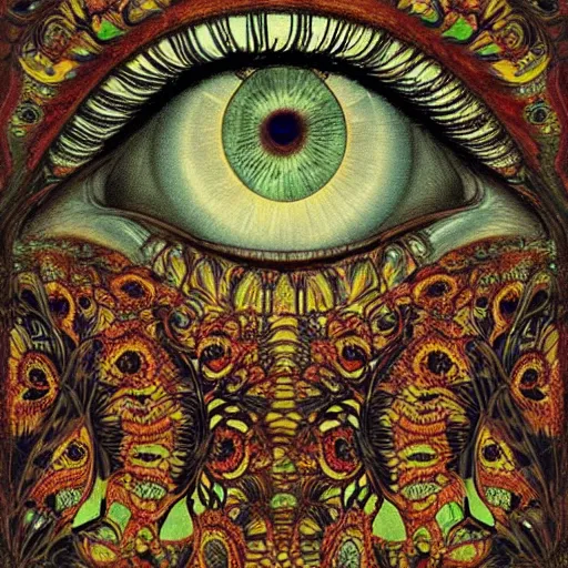 Image similar to a beautiful print a large eye that is looking directly at the viewer. the eye is composed of a myriad of colors and patterns, and it is surrounded by smaller eyes. the smaller eyes appear to be in a state of hypnosis, and they are looking in different directions. by carl spitzweg, by catrin welz - stein rigorous