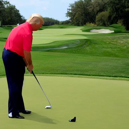 Prompt: donald trump working hard at the golf course