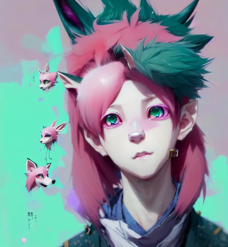 Prompt: a beautiful headshot portrait of a cute anime male boy with pink hair and pink fox ears and piercings and green eyes. character design by cory loftis, fenghua zhong, ryohei hase, ismail inceoglu and ruan jia. artstation, volumetric light, detailed, photorealistic, fantasy, rendered in octane