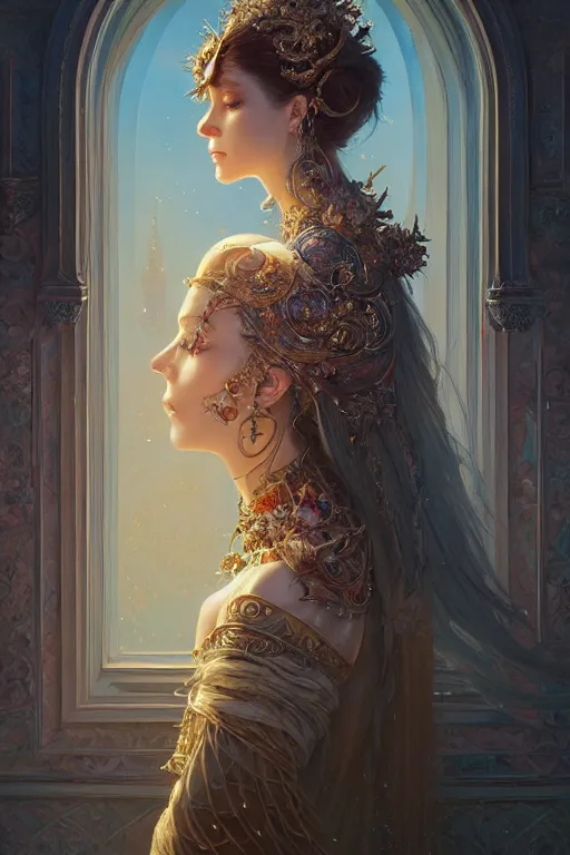 Image similar to highly detailed portrait of beautiful ethereal woman in ornate clothing, stephen bliss, unreal engine, fantasy art by greg rutkowski, loish, rhads, ferdinand knab, makoto shinkai and lois van baarle, ilya kuvshinov, rossdraws, tom bagshaw, global illumination, radiant light, detailed and intricate environment