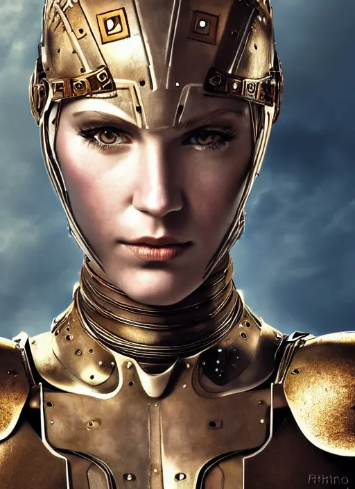 Prompt: close - up portrait of beautiful young woman dressed gladiator with metallic armor, art by the fifth element, ex machina