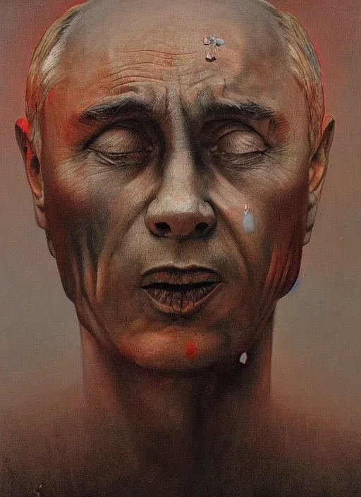 Image similar to Painting in a style of Beksinski featuring Vladimir Putin. Suffering and pain