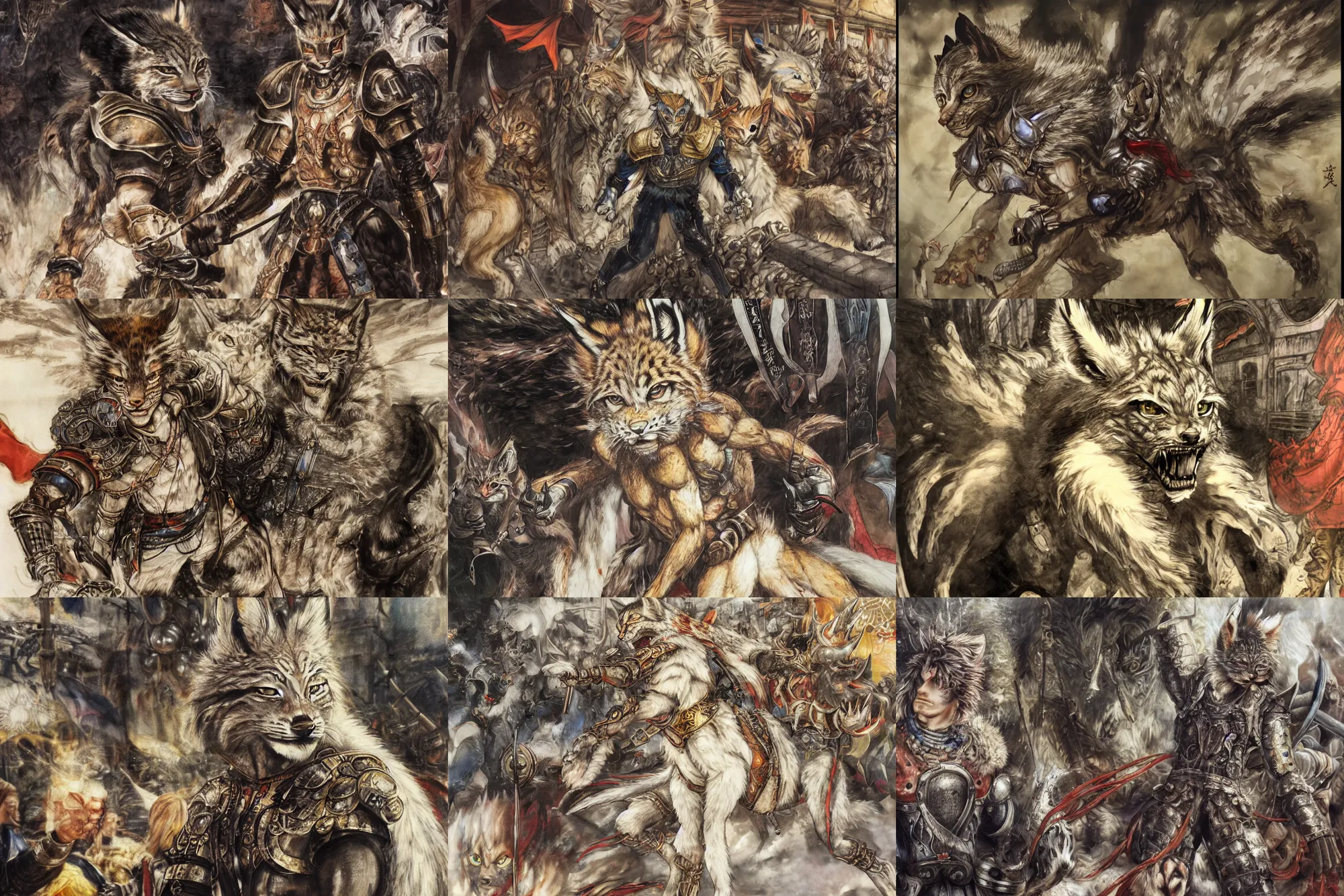 Image similar to 8k Yoshitaka Amano painting of upper body of a young cool looking lynx beast-man with white mane at a medieval market at windy day. Depth of field. He is wearing complex fantasy armors. He has huge paws. Renaissance style lighting.