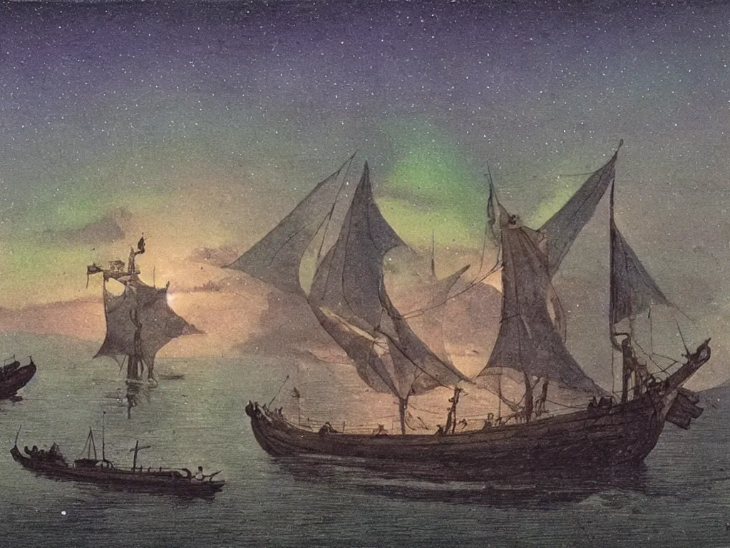 Prompt: Viking longship in the sea with northern lights above in the art style of Theodor Kittelsen