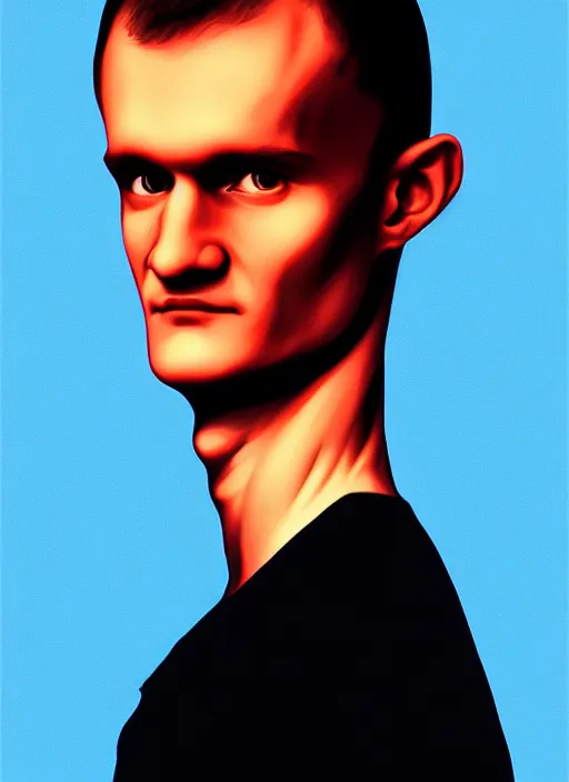 Image similar to vitalik buterin in the style of gottfried helnwein, chiaroscuro intricate composition, blue light by caravaggio, insanely quality, highly detailed, masterpiece, red light, artstation