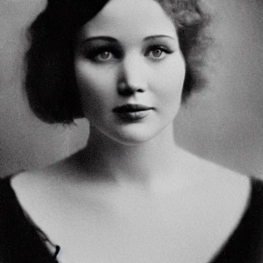 Prompt: headshot edwardian photograph of jennifer lawrence, angelina jolie, 1 9 2 0 s film actress, realistic face, 1 9 1 0 s, grainy, victorian, soft blur