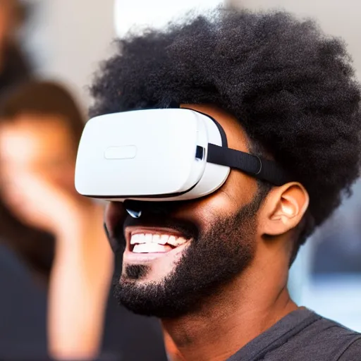 Image similar to A black man with black hair wearing a vr headset, smiling, realistic, ultra HD