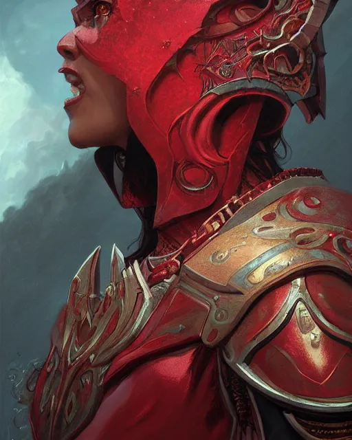 Image similar to Portrait of a Fantasy crimson knight, moonlit, HD, illustration, epic, D&D, fantasy, intricate, elegant, highly detailed, digital painting, artstation, concept art, smooth, sharp focus, illustration, art by artgerm and greg rutkowski and alphonse mucha, monster hunter illustrations art book