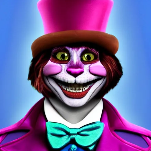 Image similar to The Cheshire Cat dressed up as Willy Wonka, digital art, trending on artstation