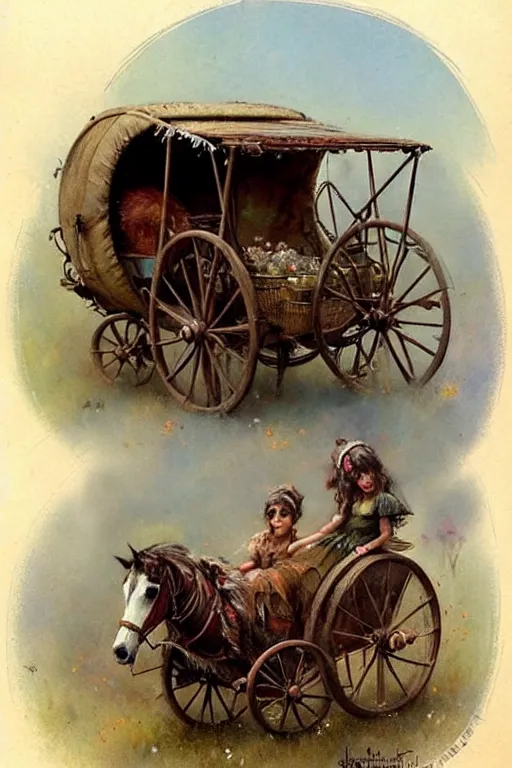 Prompt: (((((1950s fairy tale gypsy wagon . muted colors.))))) by Jean-Baptiste Monge !!!!!!!!!!!!!!!!!!!!!!!!!!!