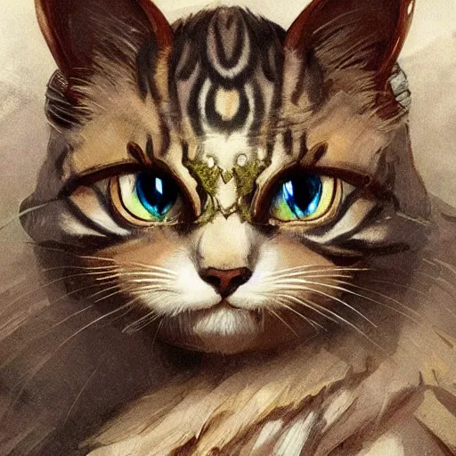 Image similar to A heraldic prince kitty cat with big cute eyes, D&D, fantasy, intricate, cinematic lighting, highly detailed, digital painting, artstation, concept art, smooth, sharp focus, illustration, art by Akihiko Yoshida, Greg Rutkowski and Alphonse Mucha