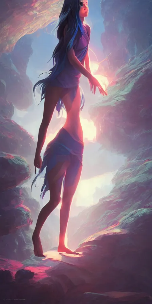 Image similar to beautiful young Himalayan woman with psychic powers, floating in a cave, sad, futuristic, somber, sci-fi summer fashion , by Makoto Shinkai and Wojtek Fus, by studio trigger, rossdraws, dramatic lighting, reflective light