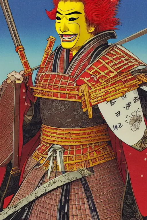 Image similar to poster of ronald mcdonald as a samurai, wearing sengoku - era shogunate armor and helmet, by yoichi hatakenaka, masamune shirow, josan gonzales and dan mumford, ayami kojima, takato yamamoto, barclay shaw, karol bak, yukito kishiro